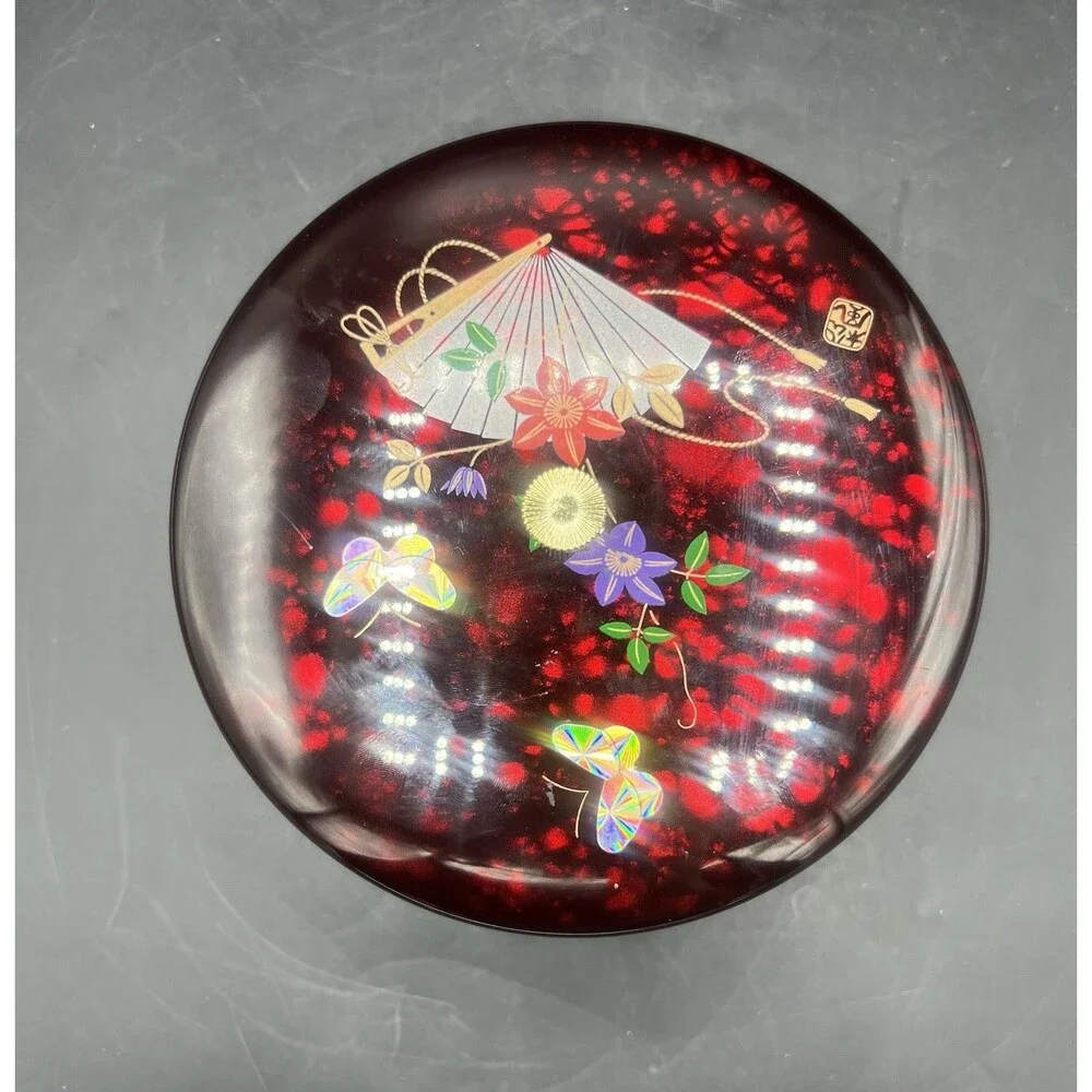 Vintage ONO Japanese Lacquer Style Jewelry Trinket Box Red Floral Fan Made Japan